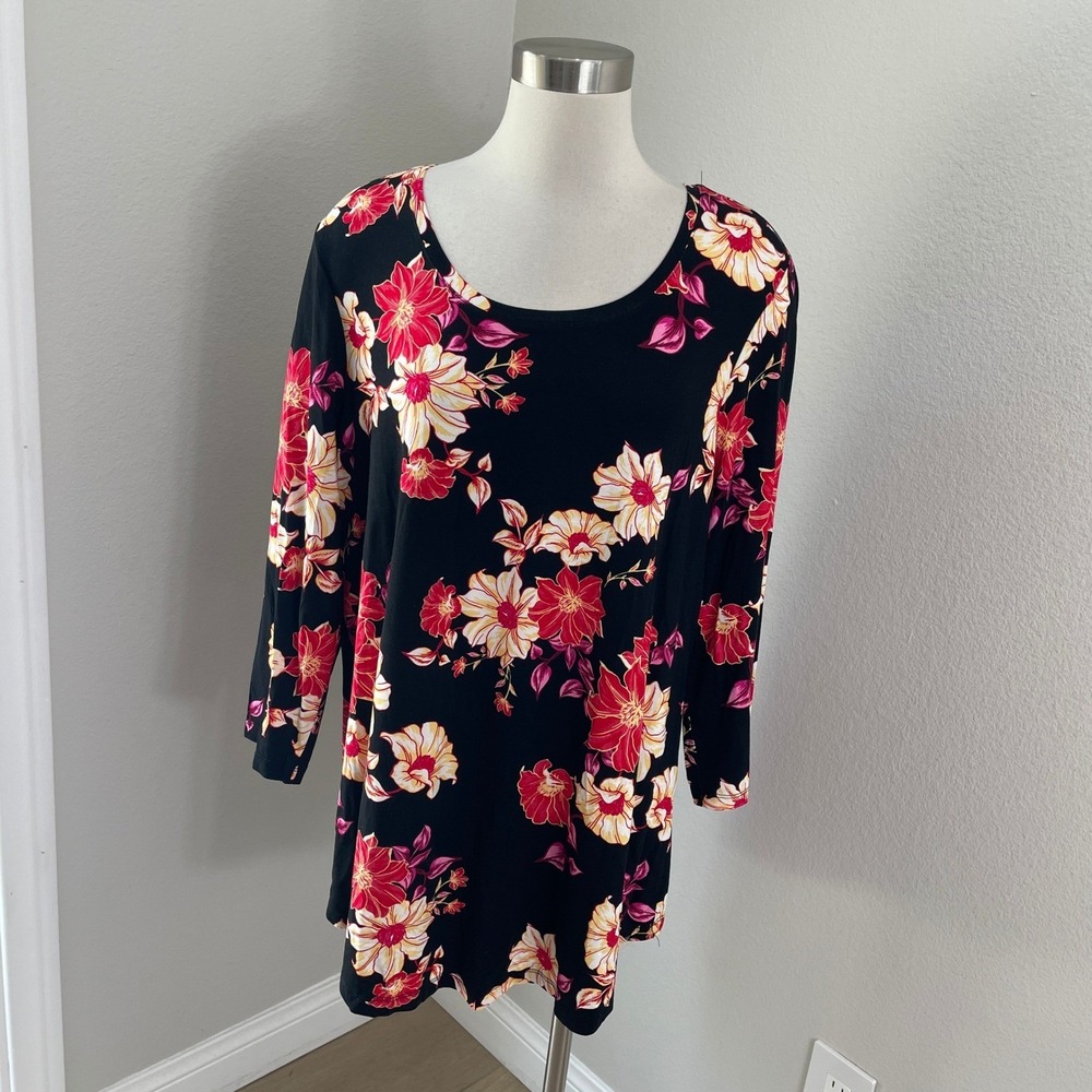 NEW JM Collection Womens Plus 2X Floral Tunic Top 3/4 Sleeve Scoop Neck Stretch